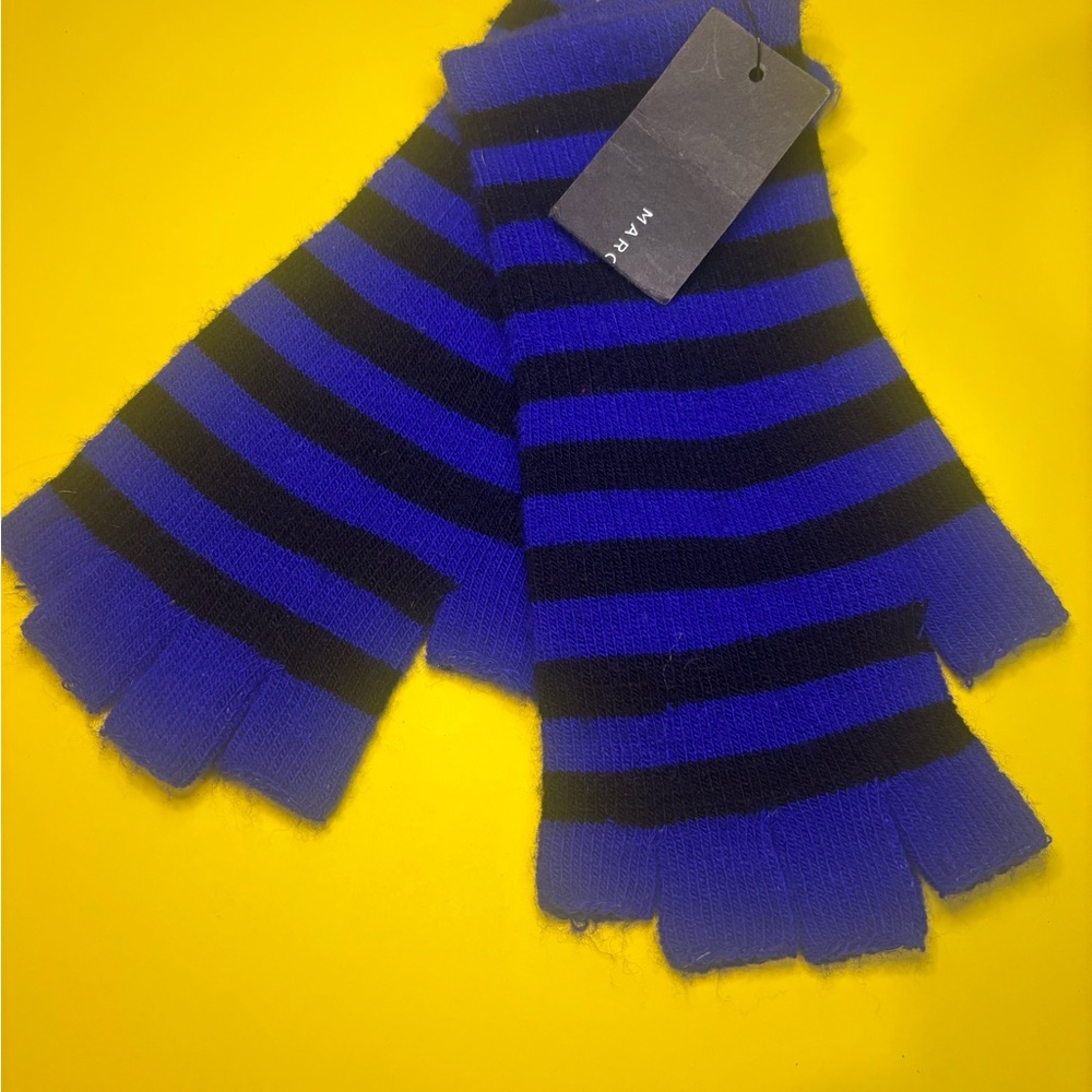 Marc Jacobs Vibrant Blue and Black Striped Knitted Fingerless Gloves